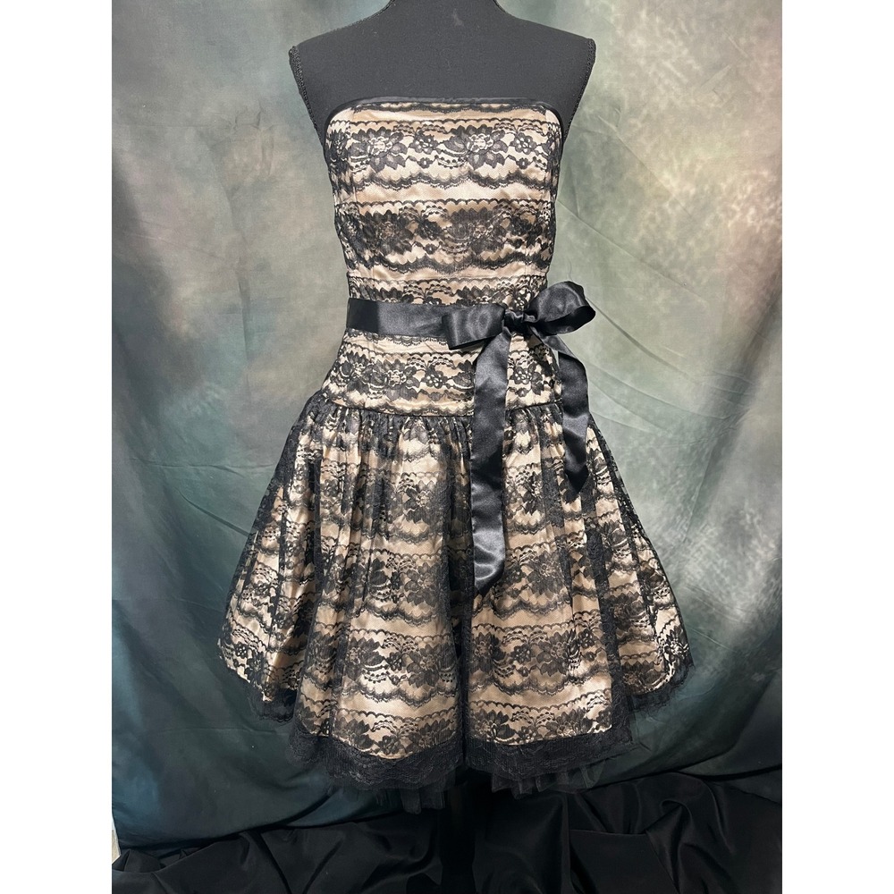 Jessica McClintock Gunne Sax Strapless Lace Cocktail Dress Black Champagne 7/8